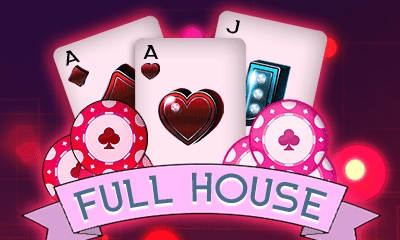 úvodní obrázek, hra, vlt, nápis full house na růžové stuze, esové karty, červené žetony, červené neonové stíny karet a žetonů, animovaná grafika