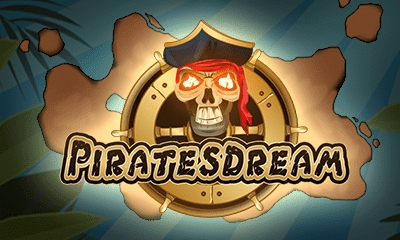 úvodní obrázek, hra, vlt, lebka s černou pirátskou čepicí s bílým pruhem, kompas, mapa, palma, nápis Pirates Dream, animovaná grafika